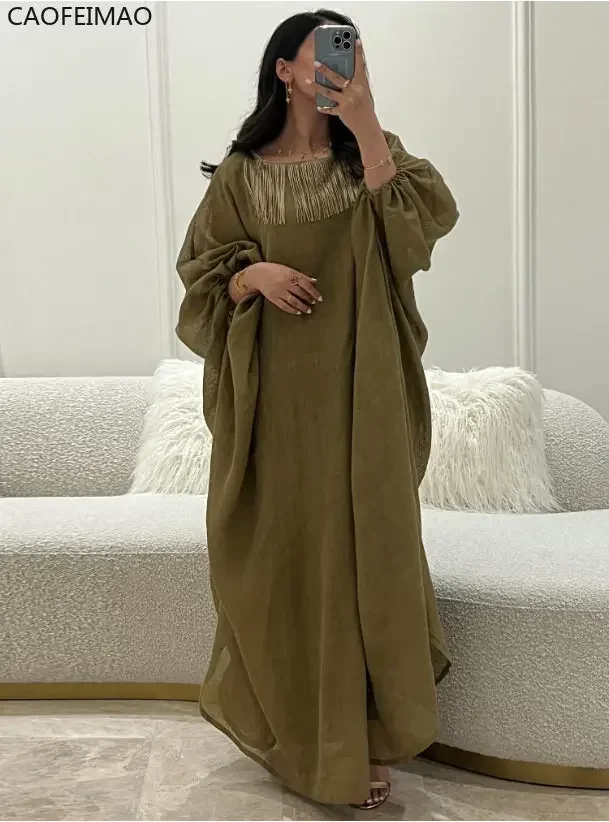 Vintage Cotton Linen Fashion Loose Long Dress Women Casual Lantern Sleeve Pullover Dress Elegant Tassel O Neck Female Maxi Dress