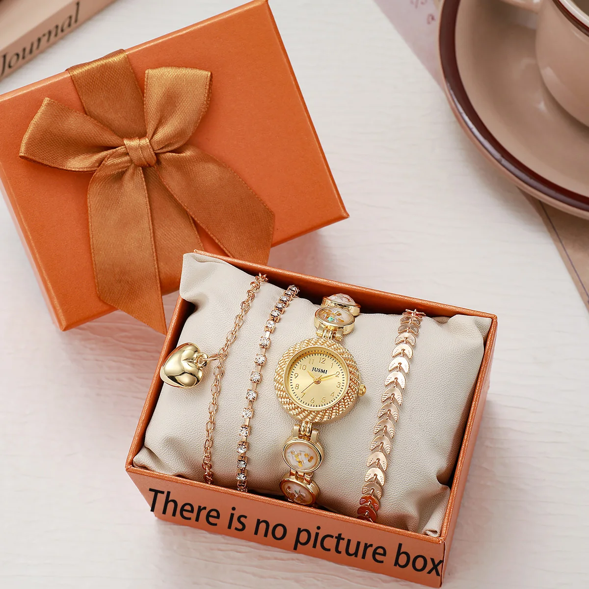 

Женские золотые кварцевые часы, комплект из четырех предметов: часы + браслет + кулон, подарочная коробка, подарок на день рождения и праздник