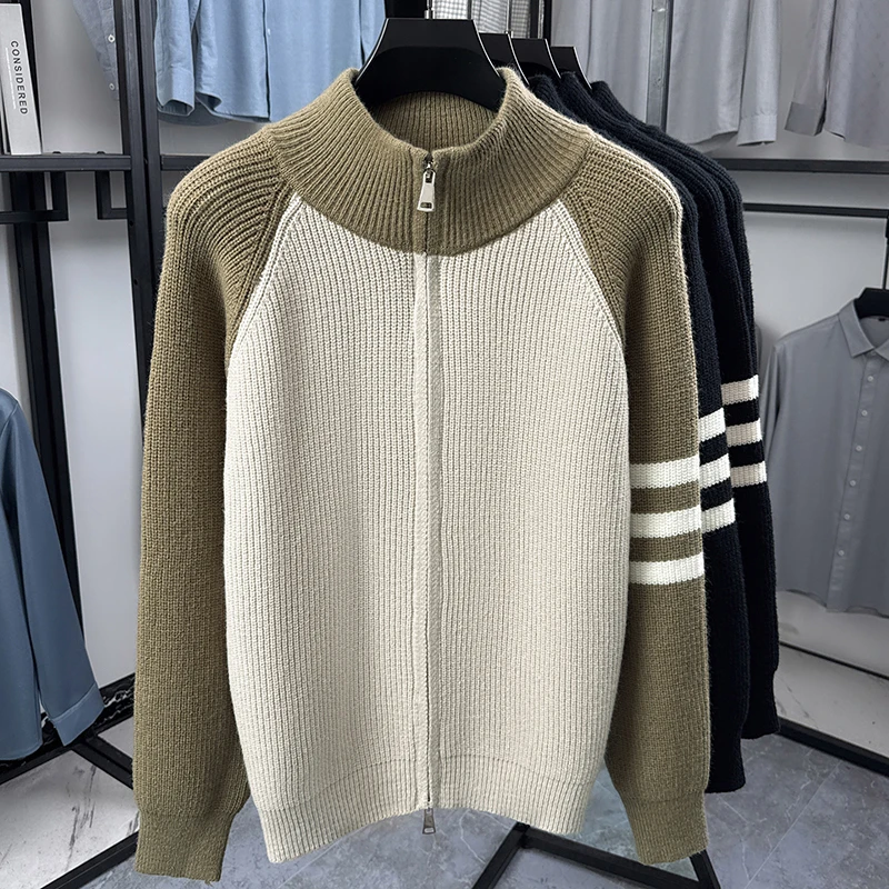 Hochwertige Herren-Strickjacke, Modemarke, gestreift, mit Reißverschluss, Stehkragen, Herbst/Winter, neuer, personalisierter, lässiger Pullover-Mantel – Detail 13