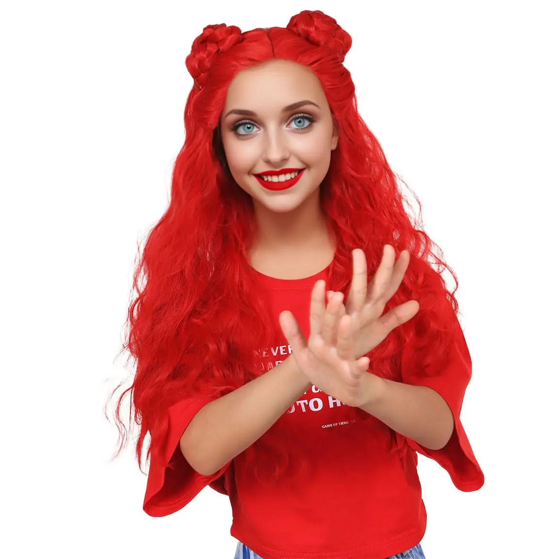 Descendants 4 Girls Red Wig Long Curly Red Cosplay Wig with 2 Buns for Halloween Costume