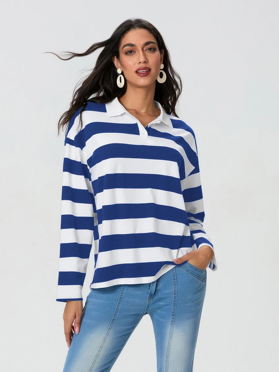 Women'S Autumn College Style Casual Striped Printed Pullover Sweater With Lapel And Long Sleeved Loose Fit Sportswear Casual Top