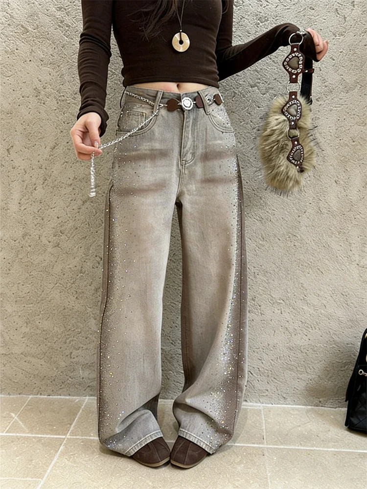 

Ретро-джинсы с американским стразовым декором, широкие прямые брюки, женские, весна-лето, новый стиль, с высокой талией, из денима