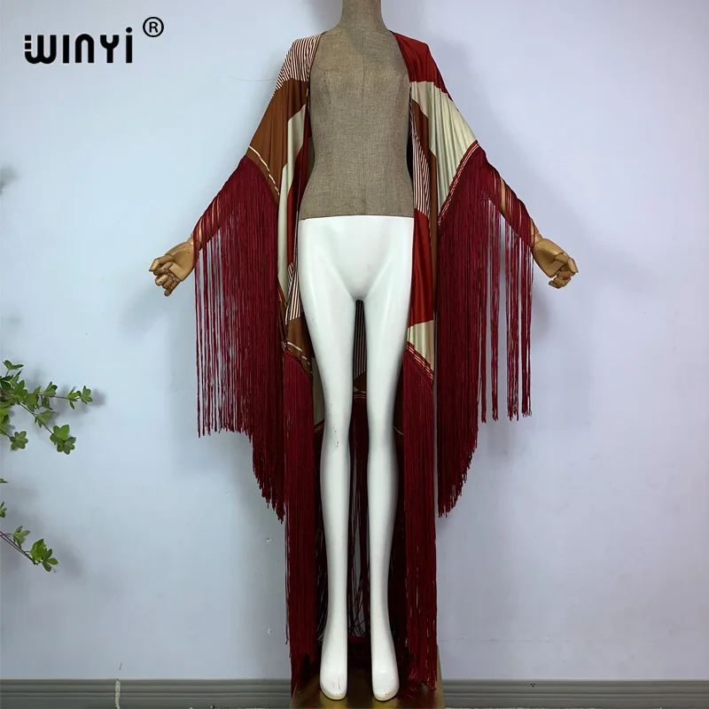 WINYI kimono cover-ups summer boho print Bikini Cover-up Elegant fashion Cardigan sexy Holiday long Sleeve tassels maxi dress