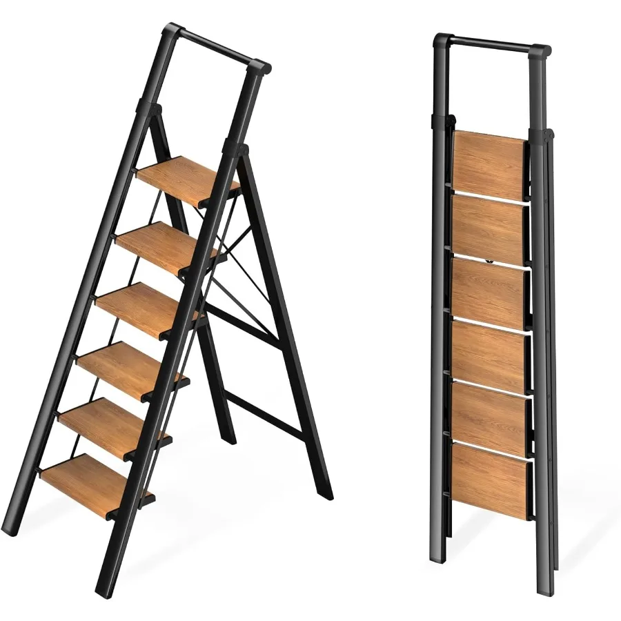 سلم ألومنيوم قابل للطي بـ 6 خطوات مع دواسات واسعة مضادة للانزلاق ومقبض مريح للاستخدام المنزلي والمكتب والمكتبة خفيف الوزن D #1