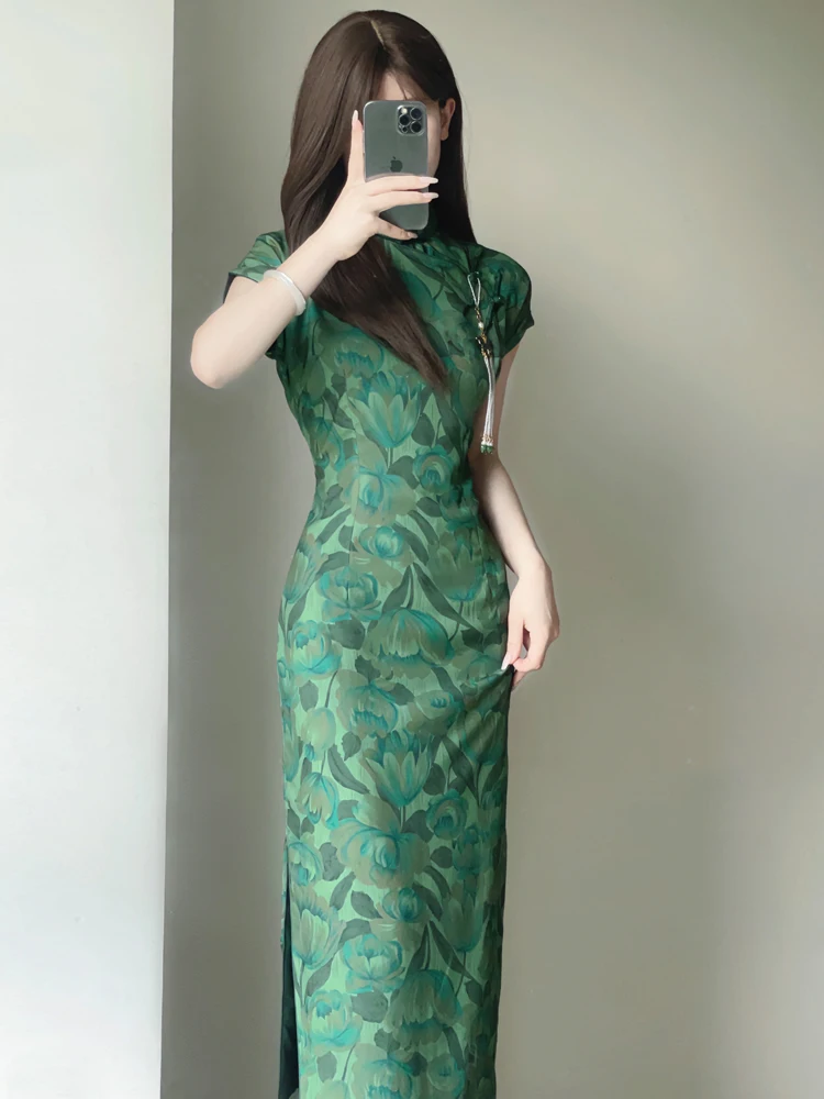 

Шифоновое длинное шифоновое платье с цветочным принтом для молодых девушек в стиле ретро Anghai Faion f с открытым воротником, улучшенное традиционное Ципао Dr