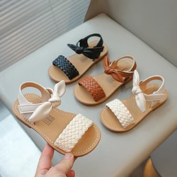 Summer Solid Color Bow Princess Round Head Beach Casual Comfortable Sandals Children's  Kids Elegant Student Flat Bottom