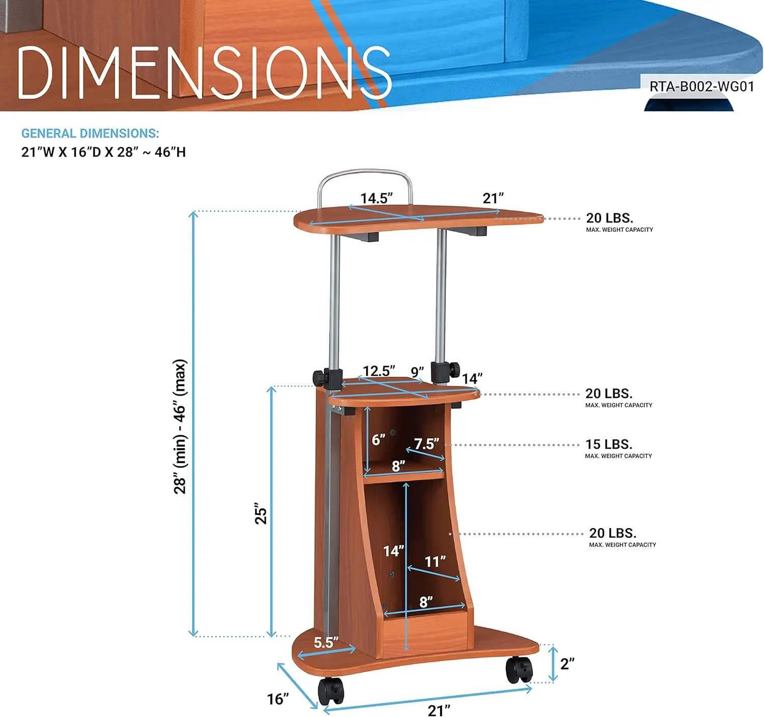 Adjustable Height Laptop Cart With Storage. Color: Woodgrain