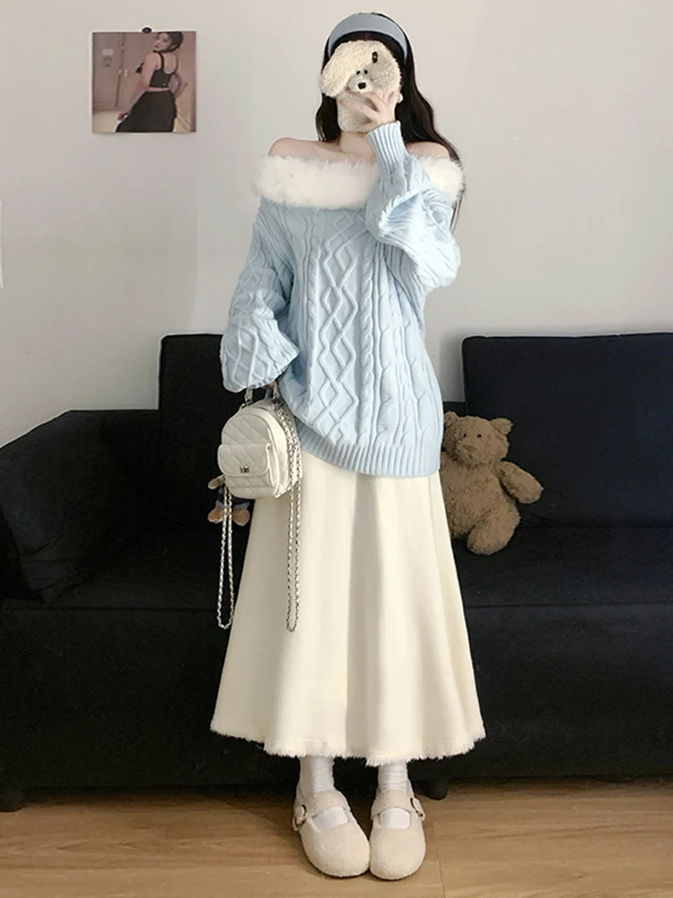 

Fashionable plus Size Women's Autumn Winter Outfit Shoulder Bared Sweater And Skirt Two Piece Set Korean Style Long Sleeve