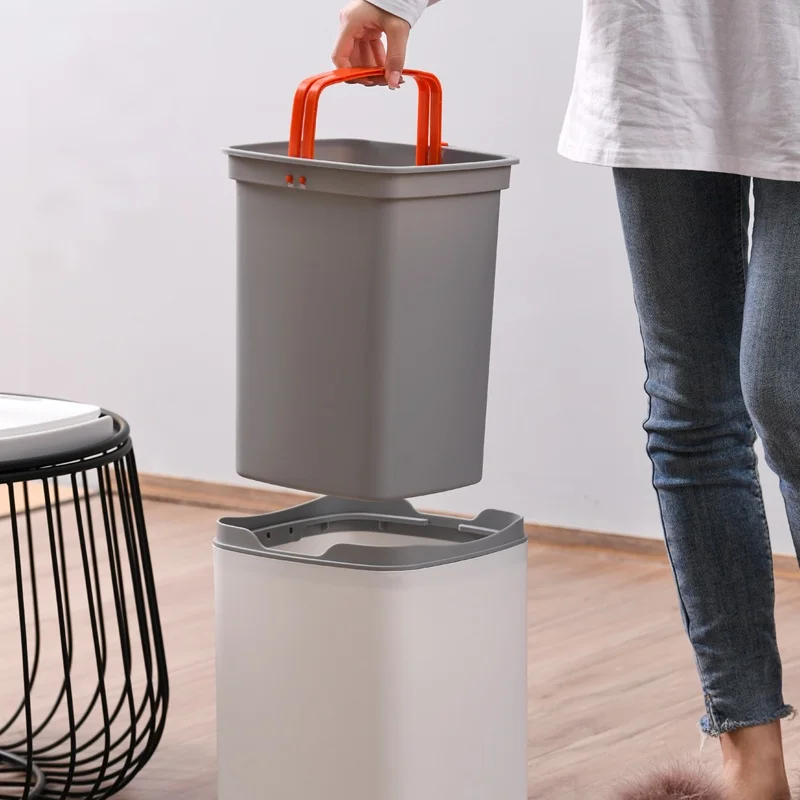 Square Press Trash Can with Lid, Large Capacity, Sealed & Odor-proof, Removable Liftable Inner Bucket, Garbage Bag Not Exposed