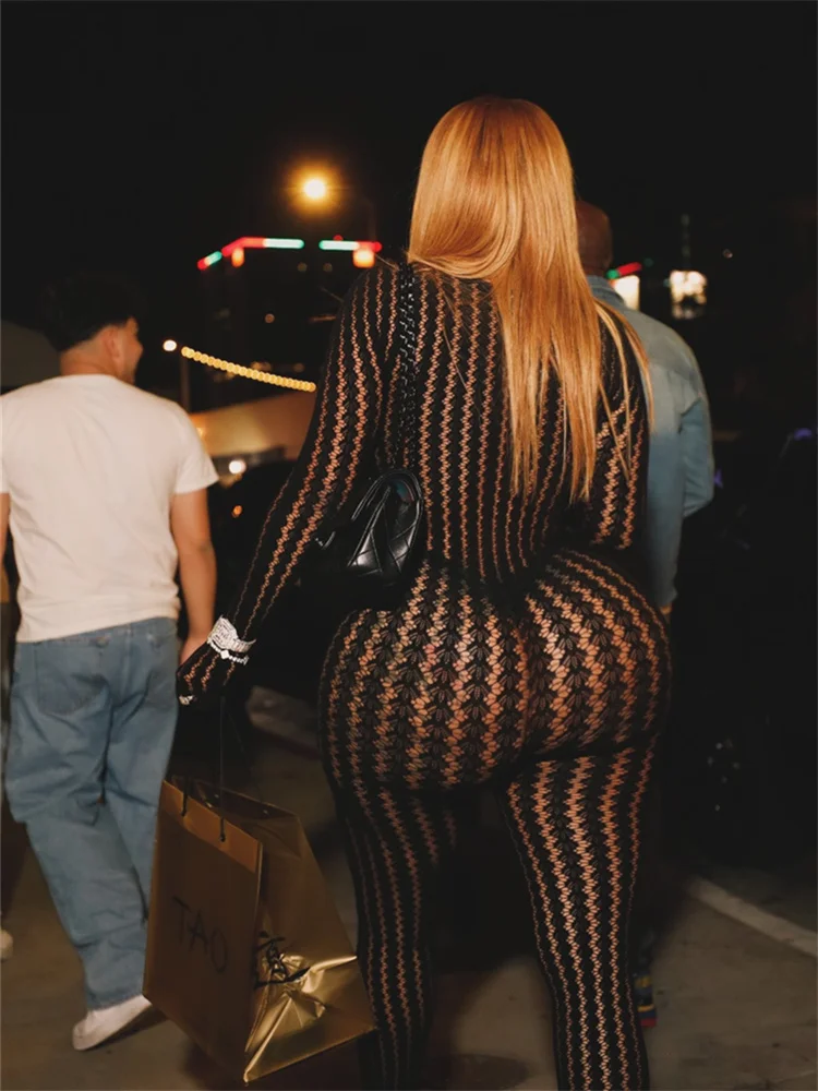 

Женский комбинезон Sisterlinda: Прозрачный, с круглым вырезом, асимметричными полосами, жаккардовым узором, вырезами, сексуальный, стритстайл, эластичный, облегающий