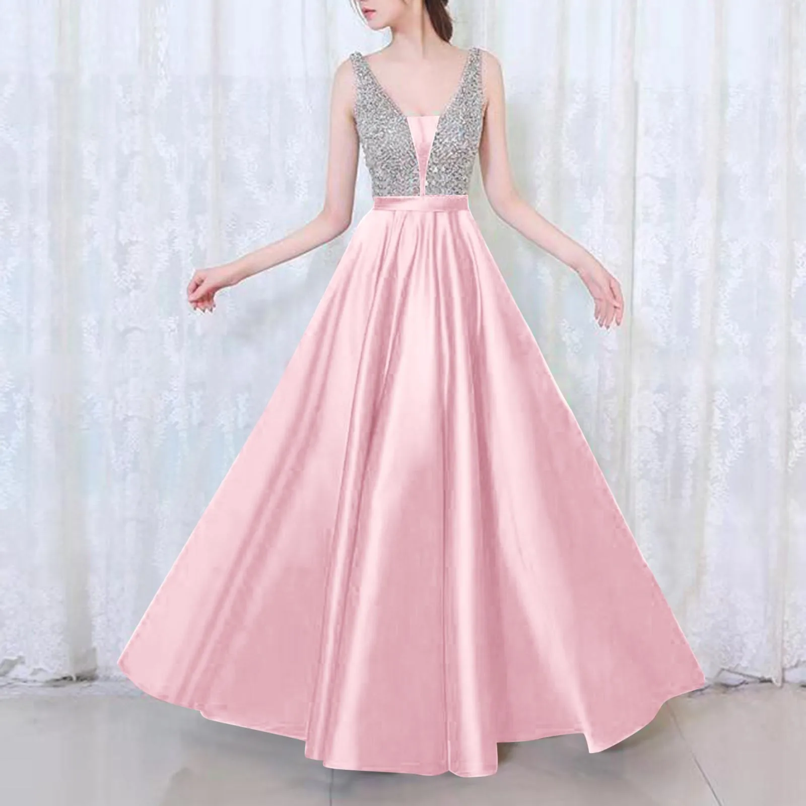 

Ladies Elegant And Beautiful Temperament Long Skirt V-Neck Strapless Sleeveless Sexy Slim Evening Gown Big Swing Loose Dress