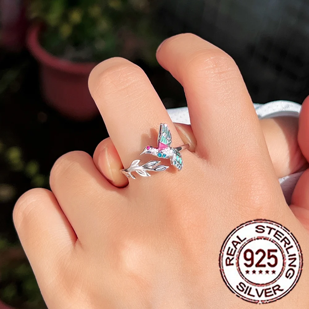 CWWZircons Multicolor Enamel Geometrical Bird 925 Sterling Silver CZ Animal Rings for Women Wedding Evening Party Jewelry SR060