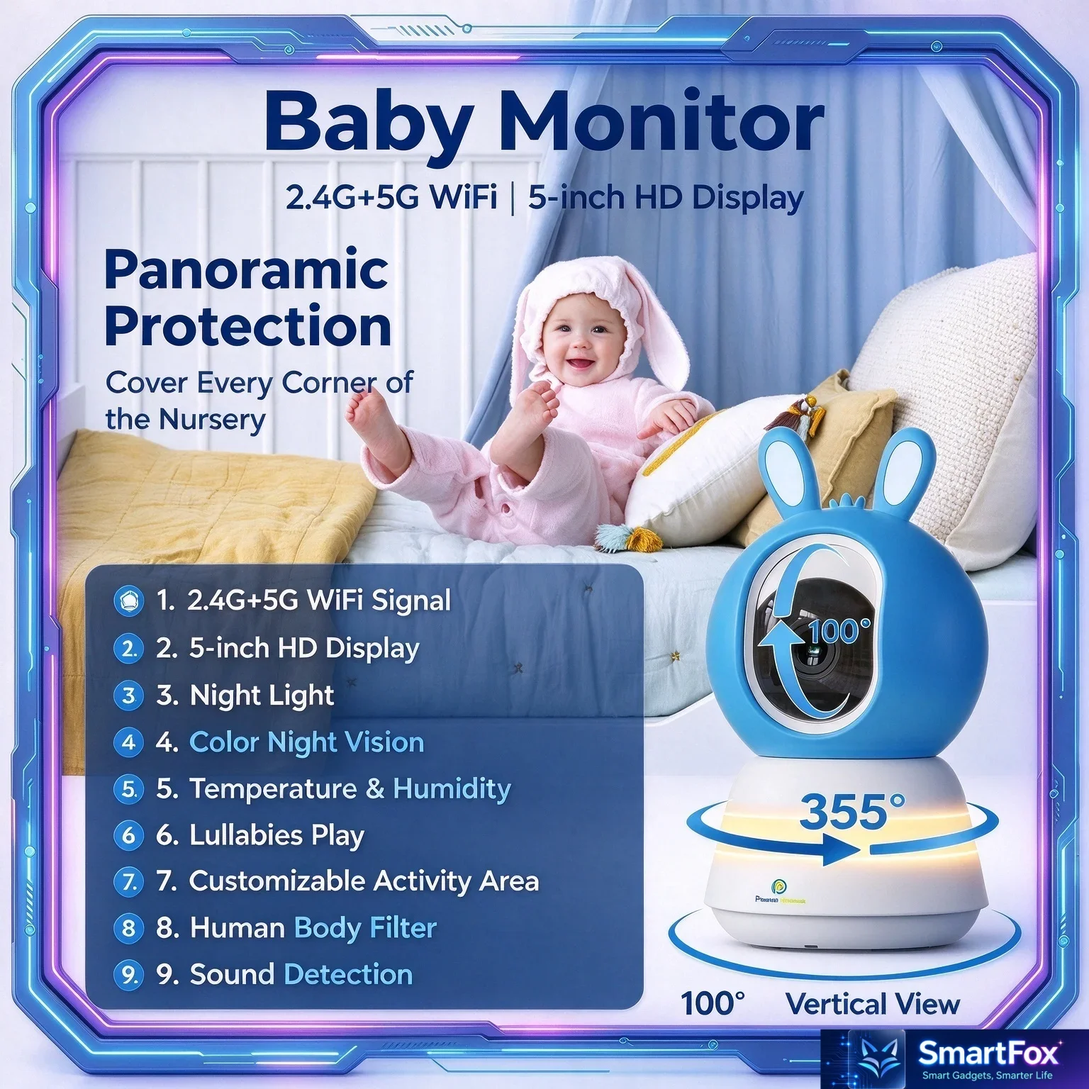 2.4G&5G WiFi Baby Monitor Nanny Cam, IP Security Camera With 2.5 Inch HD Screen, Color Night Vision, Sound Detection For Baby