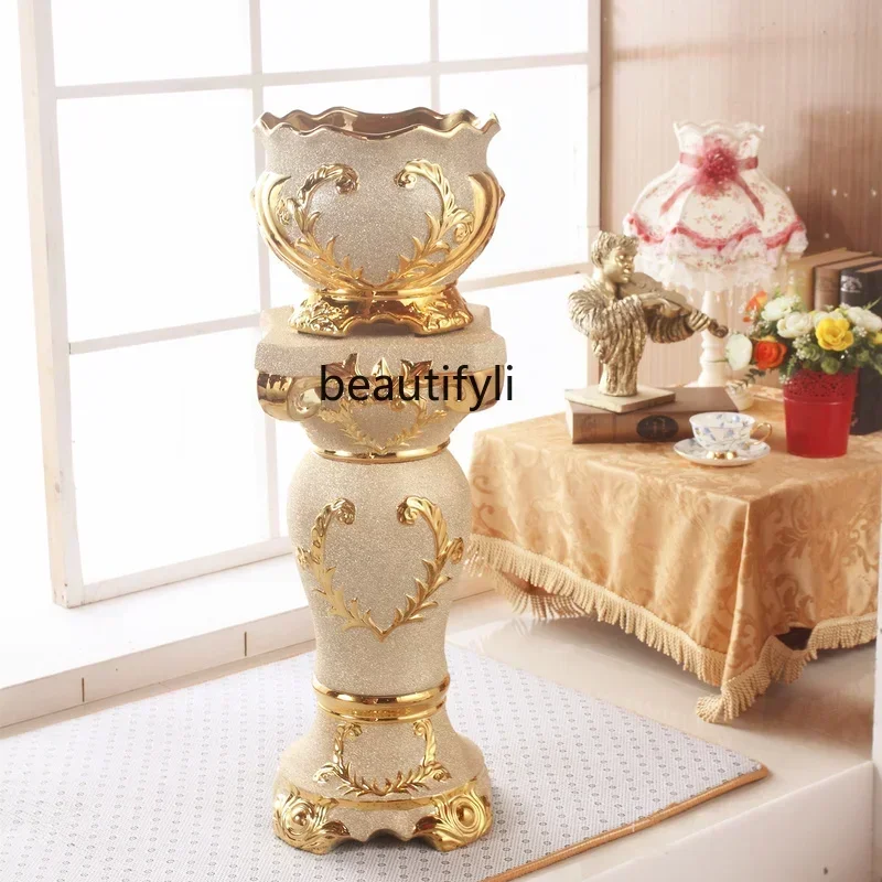 

GY European-Style Roman Pillar Living Room Decoration High-Grade Ceramic Gold Floor Vase Large Entrance Decoration Creative