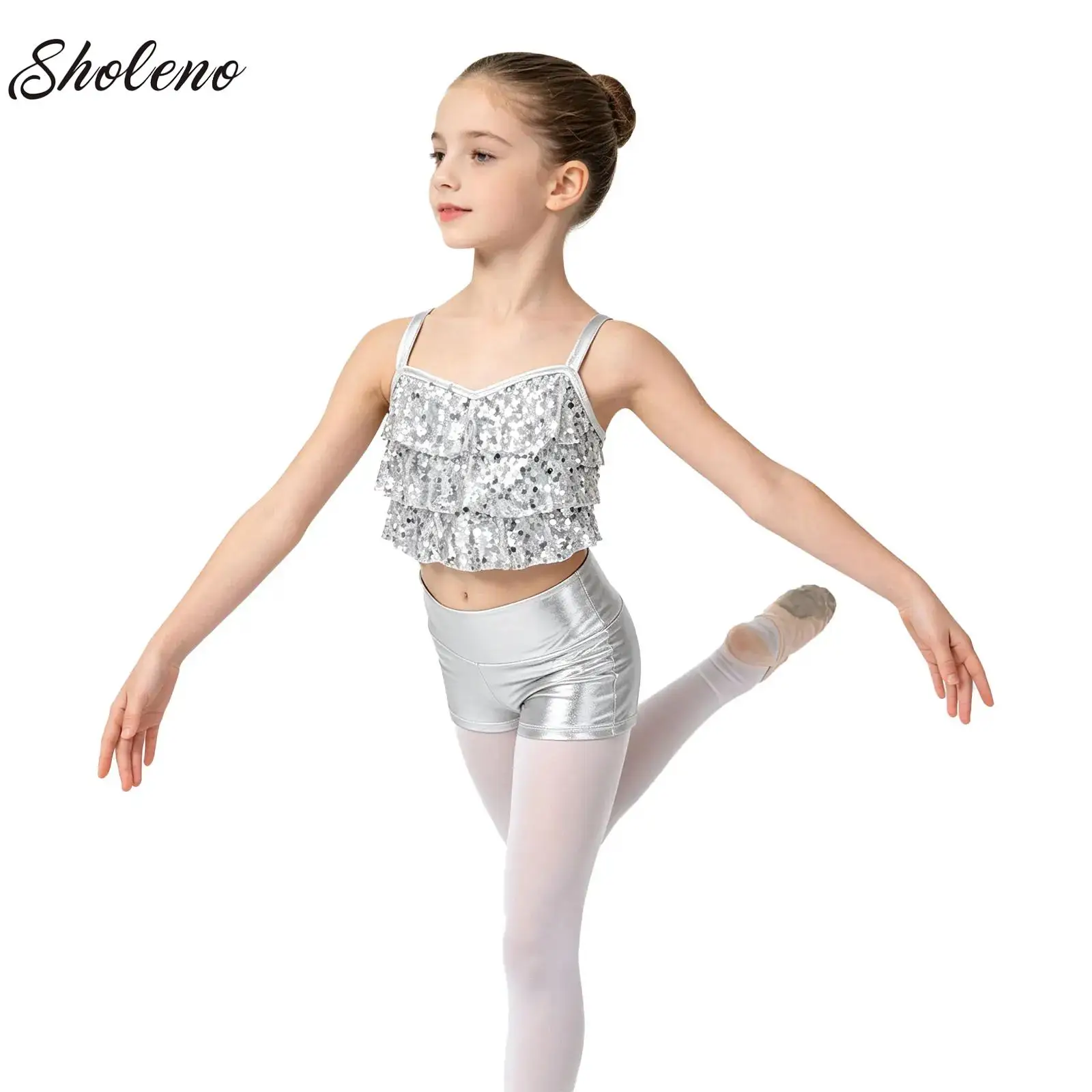 Kids Girls Jazz Dance Outfit Two Pieces Shiny Sequins Metallic Crop Top with Skirted Shorts Childs Party Costumes Dancewear Sets