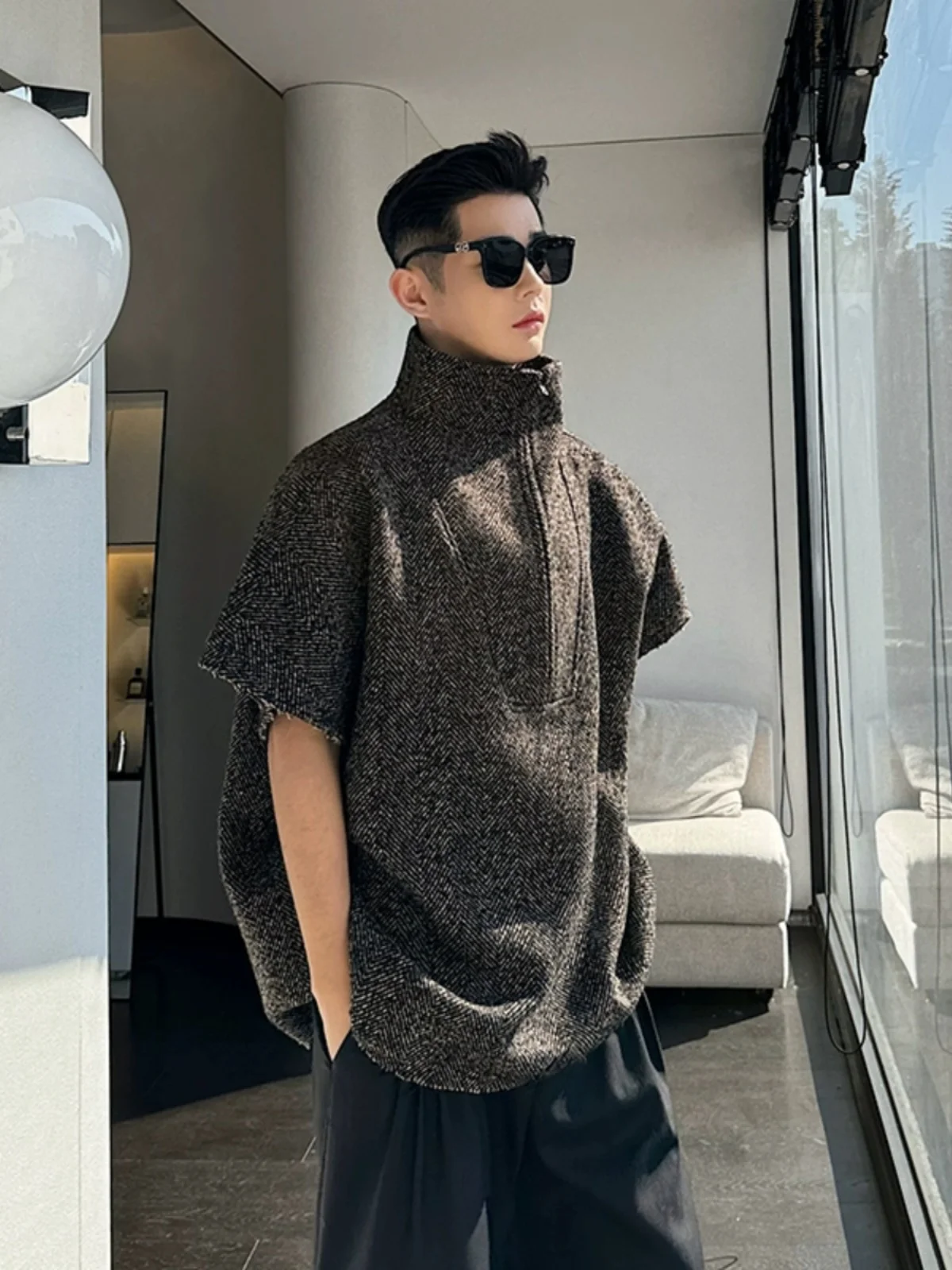 

Spring Summer New Sle Men's T-irt High Collar ort Sve Mermaid Bat Zipper Knitted Polyester Fiber Casual Faionable