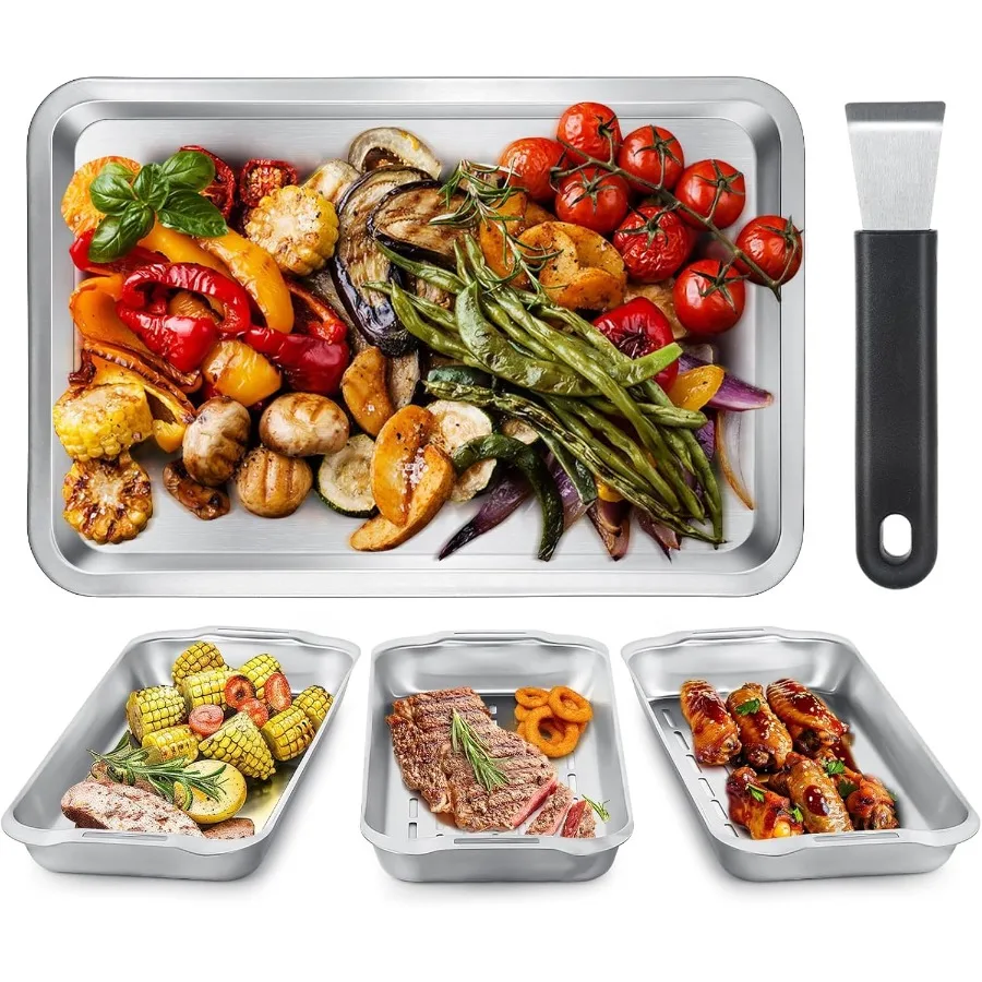 

3Piece Stainless Steel Grill Topper Pans Set with BBQ Prep Tray for Outdoor Grilling Ideal Accessories for Cooking Vegetables F