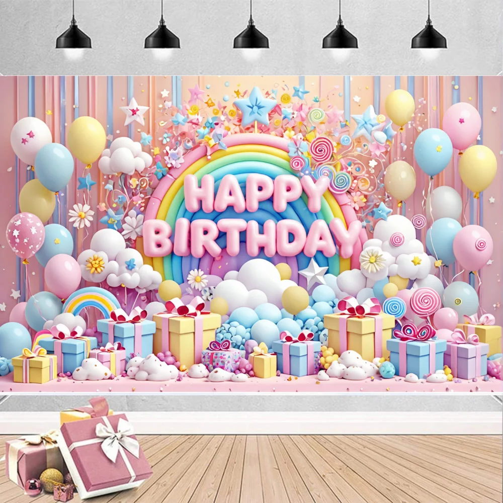 

Rainbow And Clouds 3D Happy Birthday Photography Background Decor Banner Colorful Balloons And Cake Theme Photo Booth Backdrop