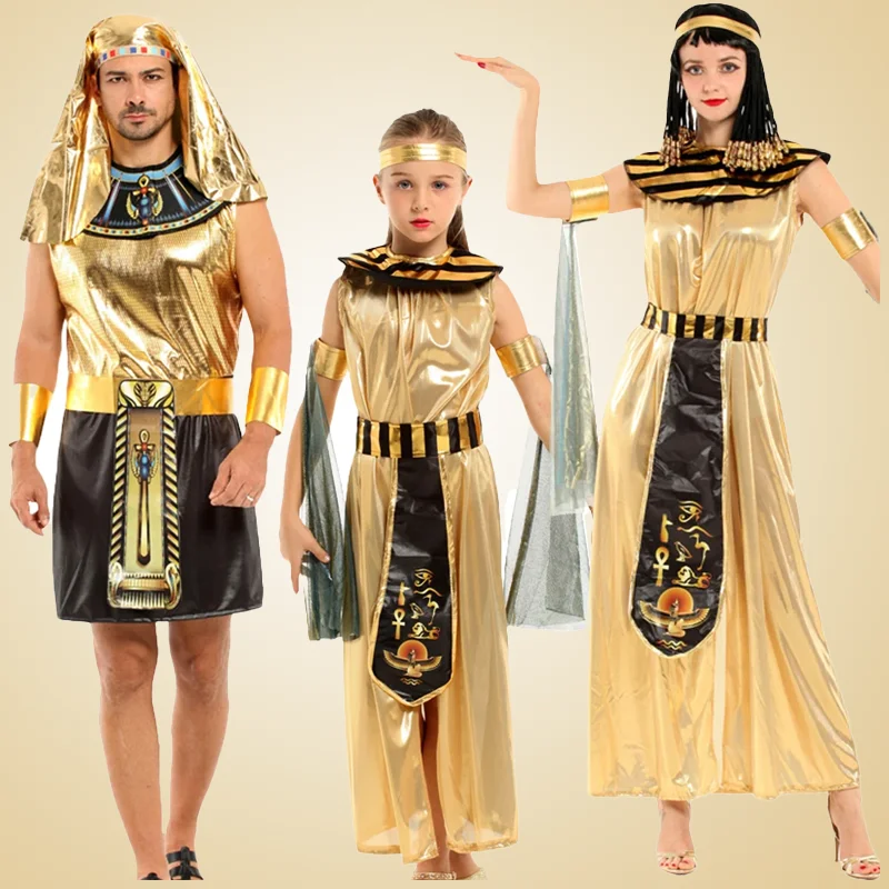 

Parent-child Ancient Egyptian King Pharaoh Goddess Cleopatra Cosplay Costume Halloween Role Playing Golden Queen Robe Costume