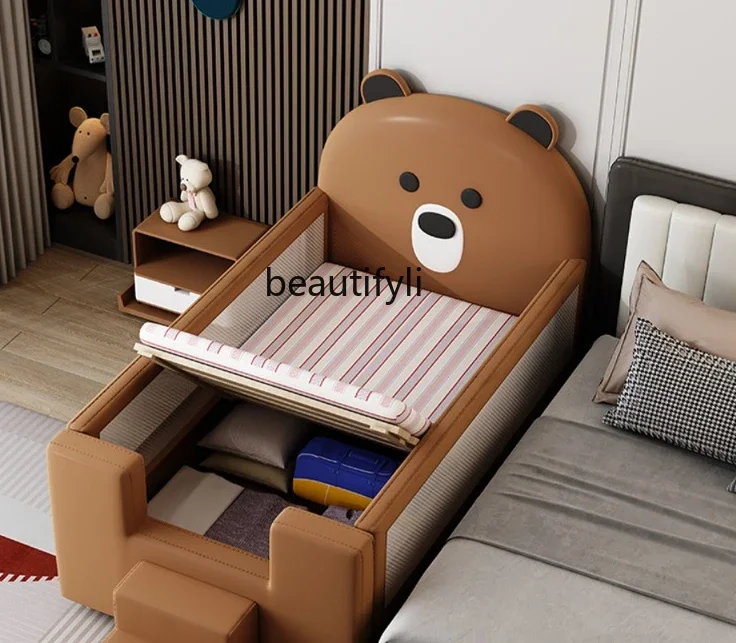 Stitching Boy's with Fence Half-Height Bed Soft Bag Pure Solid Wood Widened Bed Formaldehyde-Free