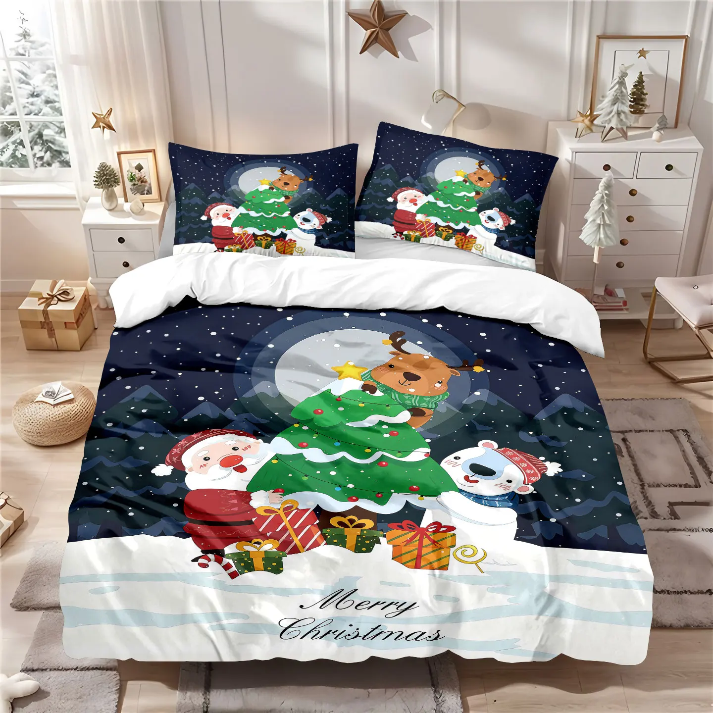 3pcs Christmas Printed Chipless Bedding Set Bedroom Dormitory 1 Duvet Cover+2 Pillowcases Multi Size Machine Washable Set