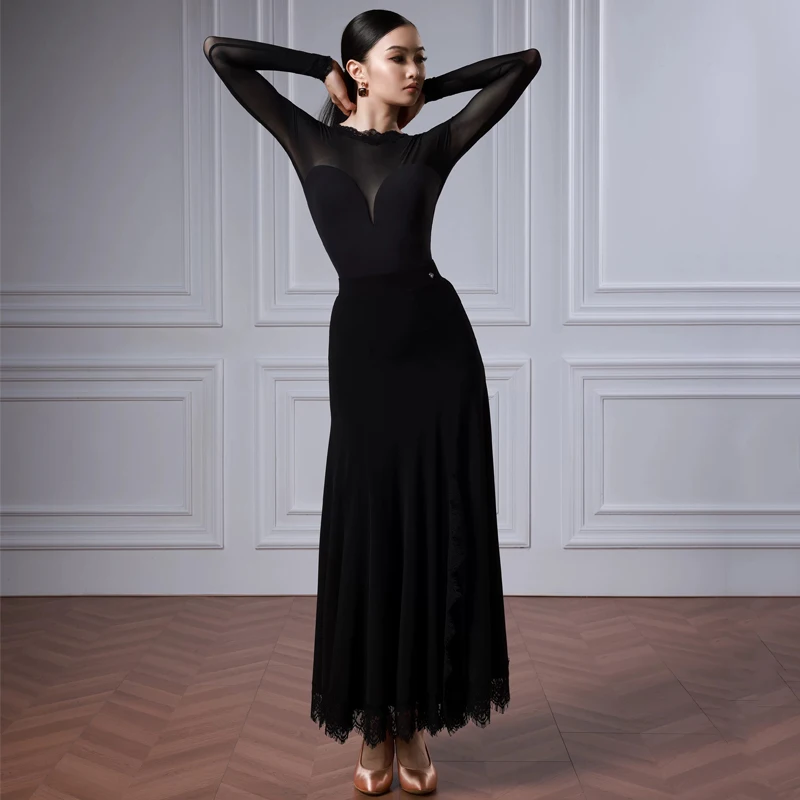 Black Backless Latin Top Mdoern Dancing Skirt Women Waltz Ballroom Dance Competition Costume Adults Latin Dance Clothing SL16694