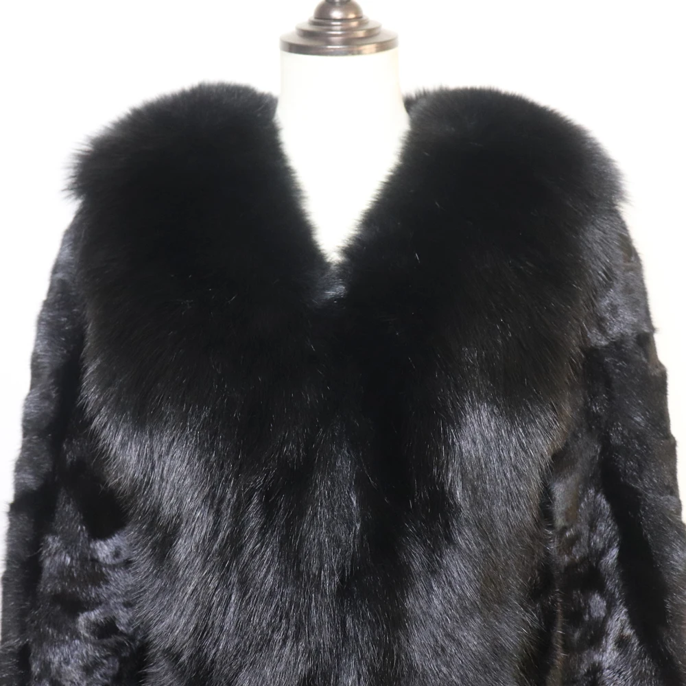 Winter Real Mink Fur Coat With Fox Fur Collar For Women Long Style 100% Genuine Mink Fur Jacket Thick Warm Natural Mink Fur Coat