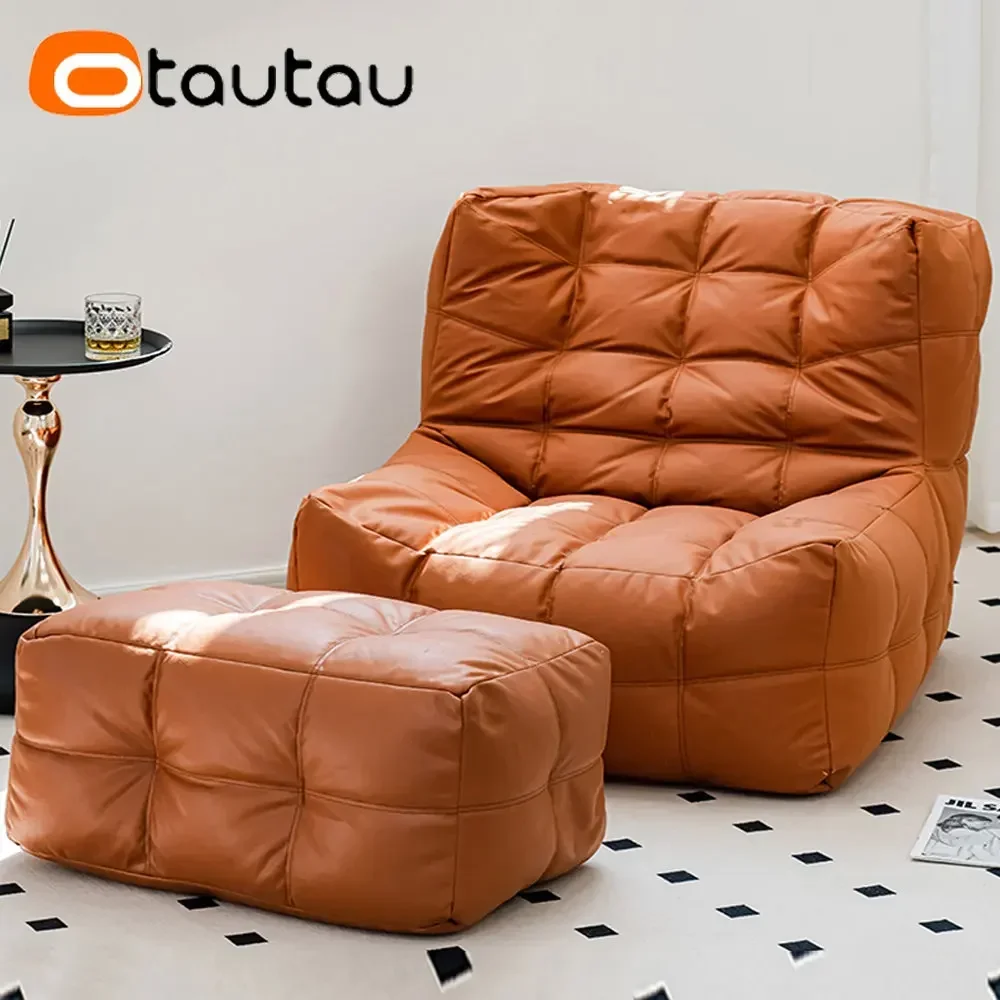 OTAUTAU Faux Leather Waffle Pouf Couch Bean Bag Cover bez wypełniacza Puff Chaise Lounge Recliner Sofa Bed Ottoman Sac SF056