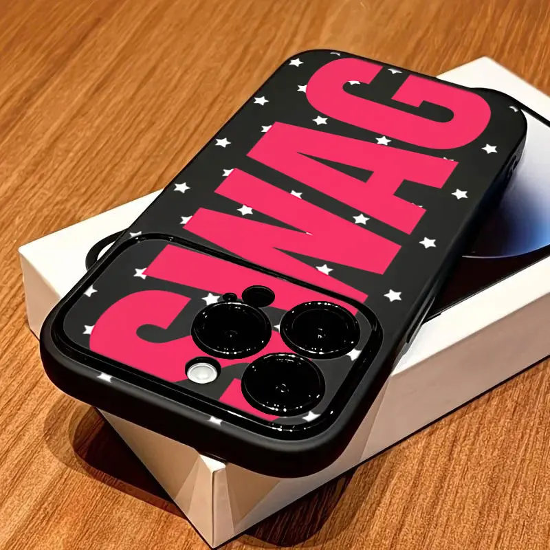 Hot Pink SWAG Letter Phone Case For iPhone 11 12 13 14 Pro 15 16 17 Pro Max 15 Plus X XS XR Black Matte Large Window Soft Cover