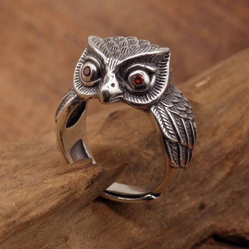 

Buyee 925 Sterling Silver Big Ring Finger Cute Owl Open Ring for Women Man Fashion Animal Rock Punk Fine Jewelry Circle