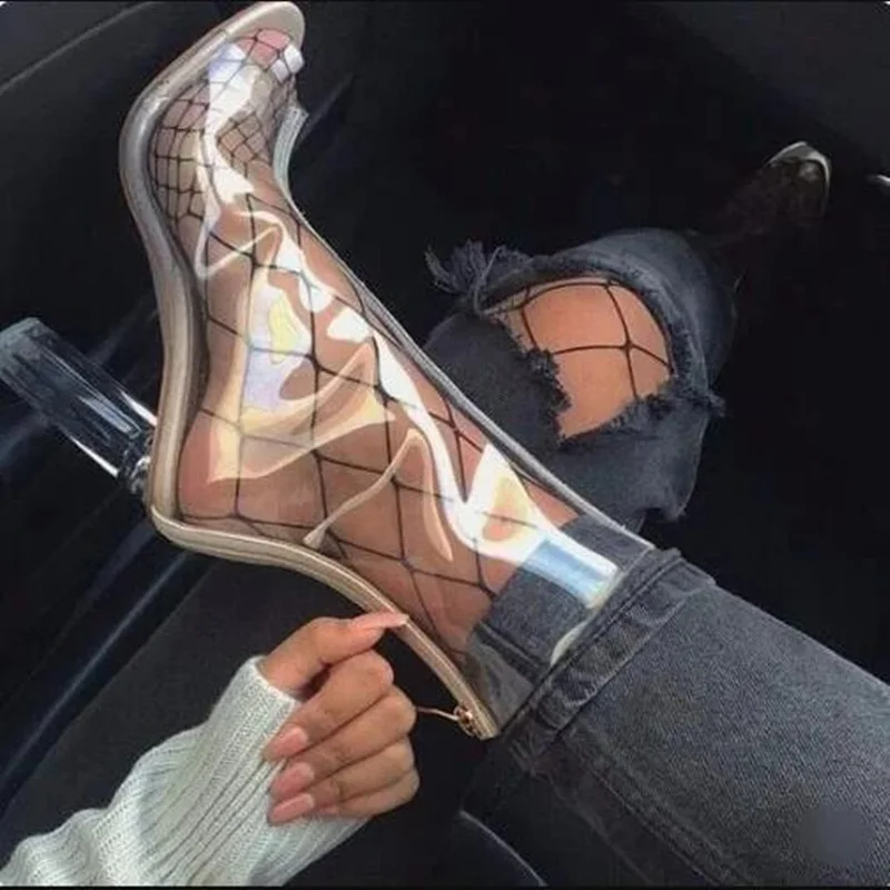 Hot Selling PVC Transparent Ankle Boots Peep Toe Cut-out Chunky High Heels Short Bootie Clear Ladies Night Club Dress Shoes