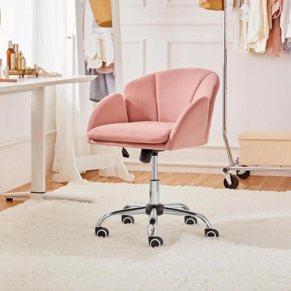 Cute Velvet Desk Chair for Home Office, Makeup Vanity Chair with Armrests for Bedroom Modern Swivel Rolling Chair for Women