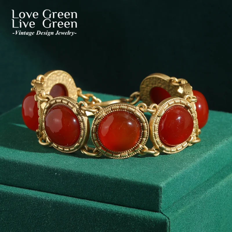 

Vintage Red Natural Stone Bracelets Woman Luxury Brand Gold Color Chain Charm Antique Wedding Accessories Jewelry 2025 Trends