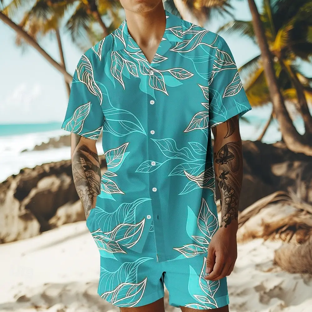 

Men's Casual Vacation Shirt Set, Short-sleeved Button-down Shirt, Men's Tropical Leaf Printed Hawaiian Shirt And Shorts