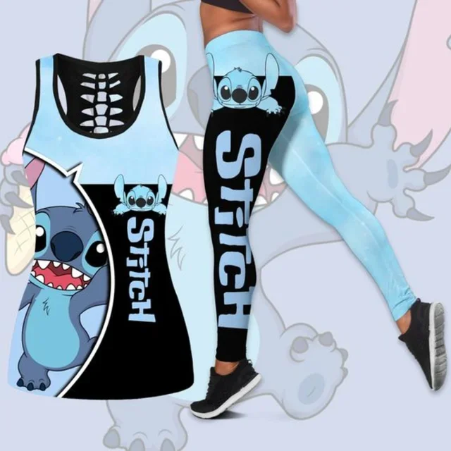 2024 Disney Stitch Women's Hollow Tanktop Yoga Set Summer Fitness Leggings Tracksuit Disney Cutout Tank Top Leggings Set