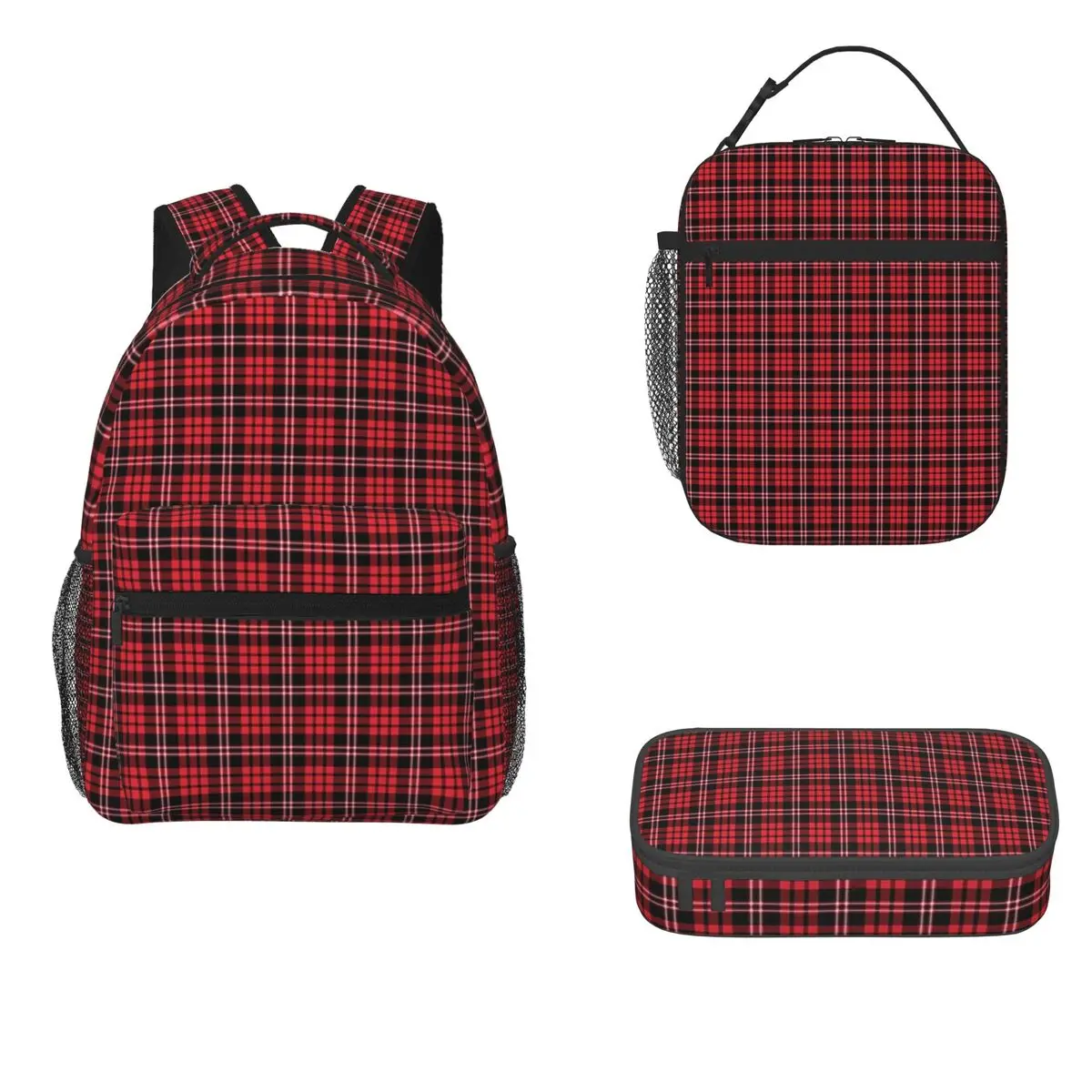 

Classic Red Checkered Scottish Tartan Plaid Pattern Backpacks Boys Girls Bookbag Kids Rucksack Lunch Bag Pen Bag Three-Piece Set