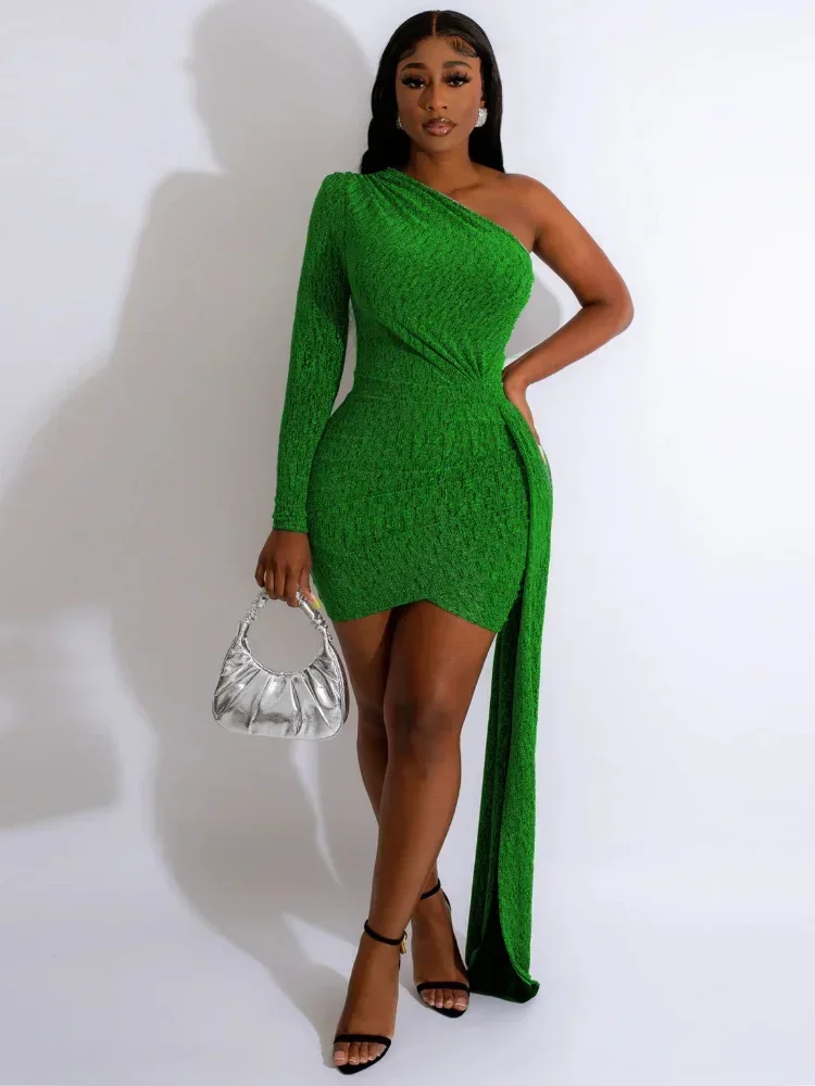 

GUWU Ruched Side Ribbon Mini Party Dress Women Sexy Asymmetrical One Shoulder Long Sleeve Bodycon Vestidos Christmas Clubwear