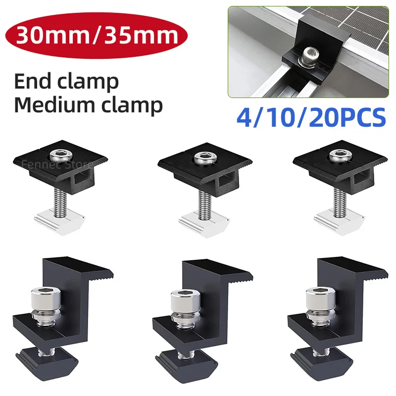 Solar Panel Mounting Fixing Clamp Adjustable Bracket End & Mid Clamp PV Panel Clip for Solar Panel PV System Install Accessories