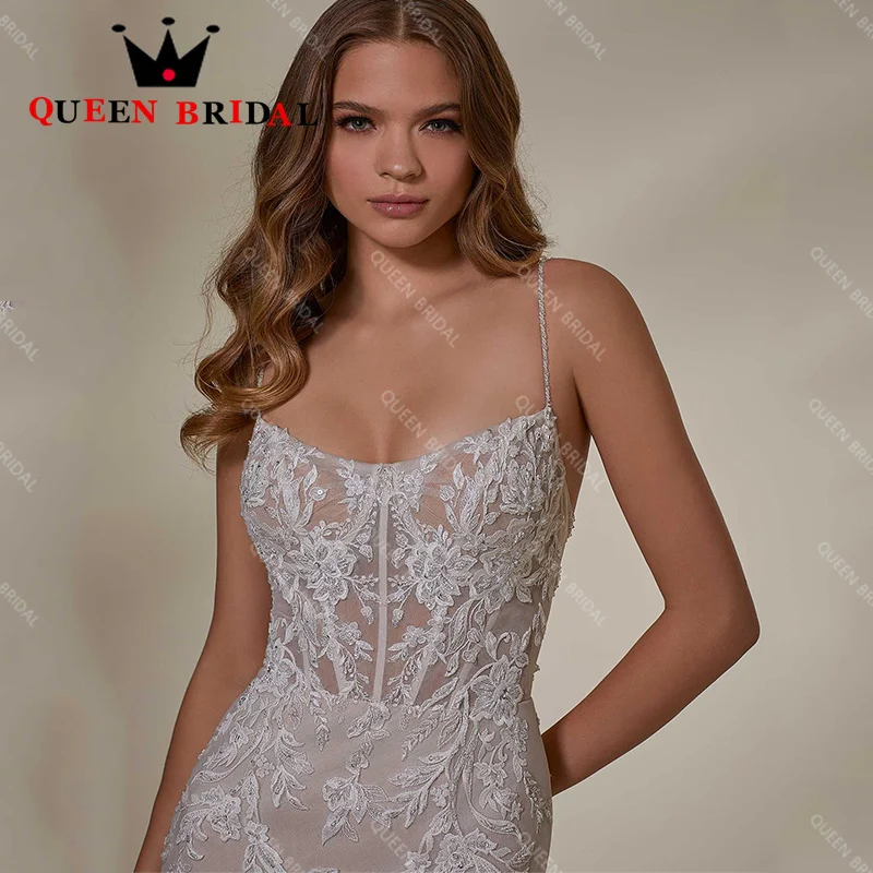 Sexy Spaghetti-Trägern Meerjungfrau Hochzeitskleid Quadratischer Kragen Applikationen Pailletten Rückenfreies Brautkleid Robe De Mariée Custom Y54N