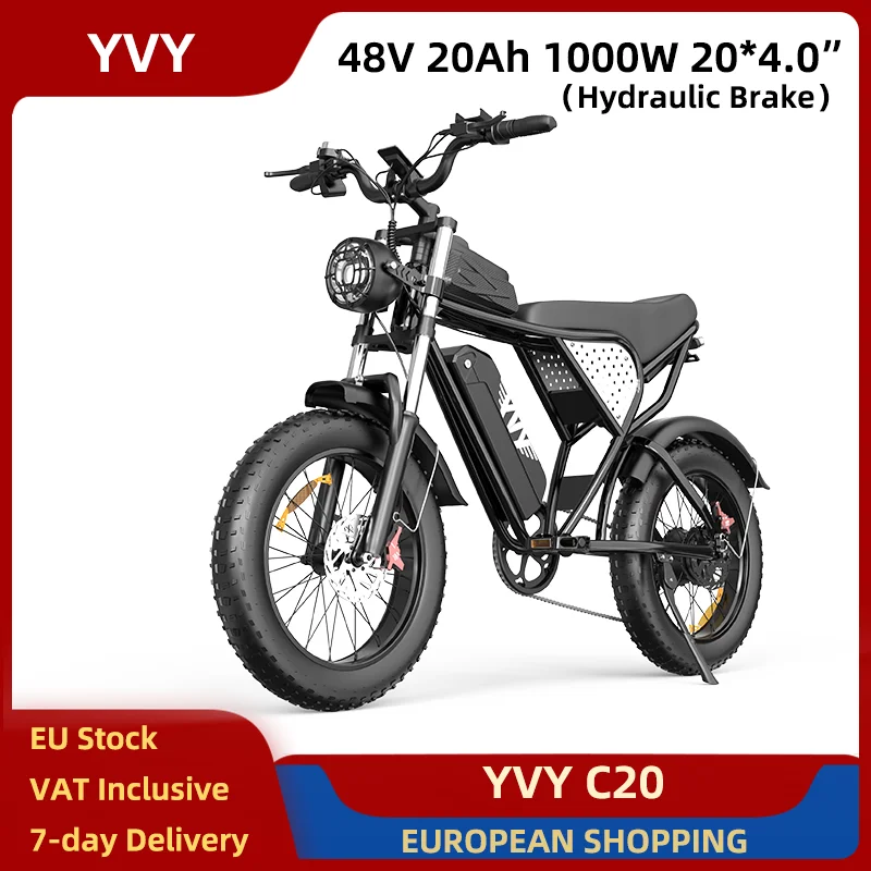 YVY C20 Bici Elettrica 1000W 48V 20Ah 20*4.0 Pneumatici Fuoristrada Acciaio Ad Alto Tenore di Carbonio Mountain E-bike Moto Freno Idraulico 7 Velocità