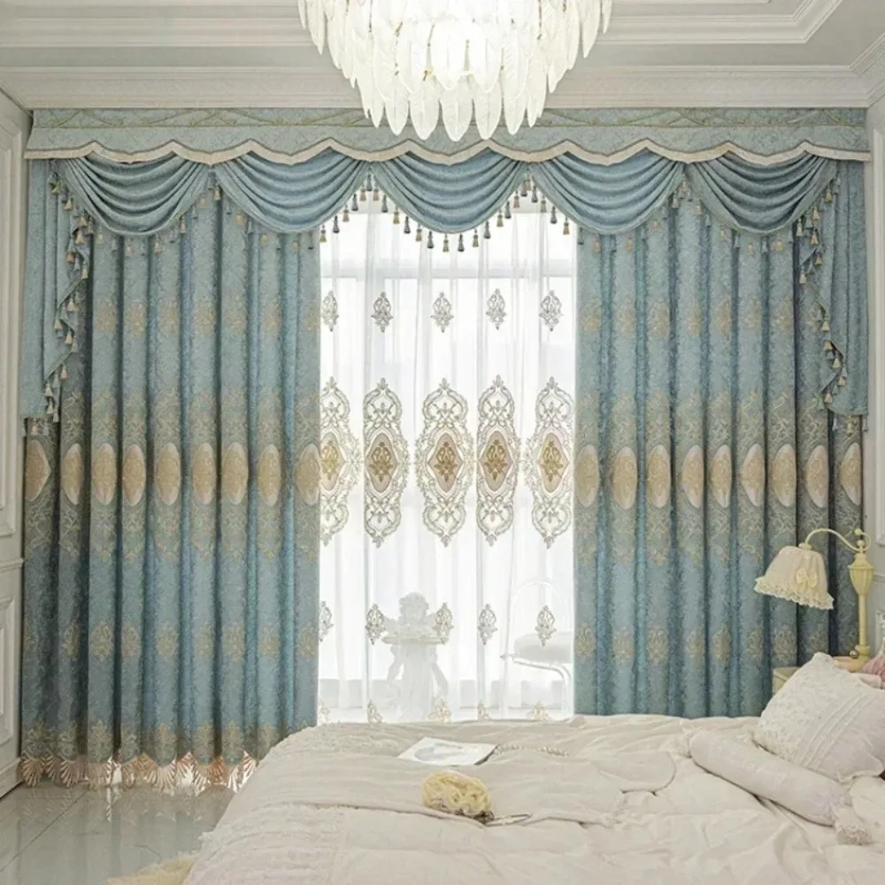 European Luxury Chenille Embroidered Curtains for Living Room Bedroom Dining Blackout Blue Decor Custom White Tulle