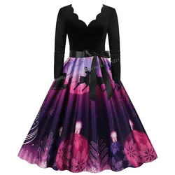 Elegant Vintage Christmas Dress for Women Long Sleeve V Neck Party Costume Winter New Year's Clothing Sizes S~3XL
