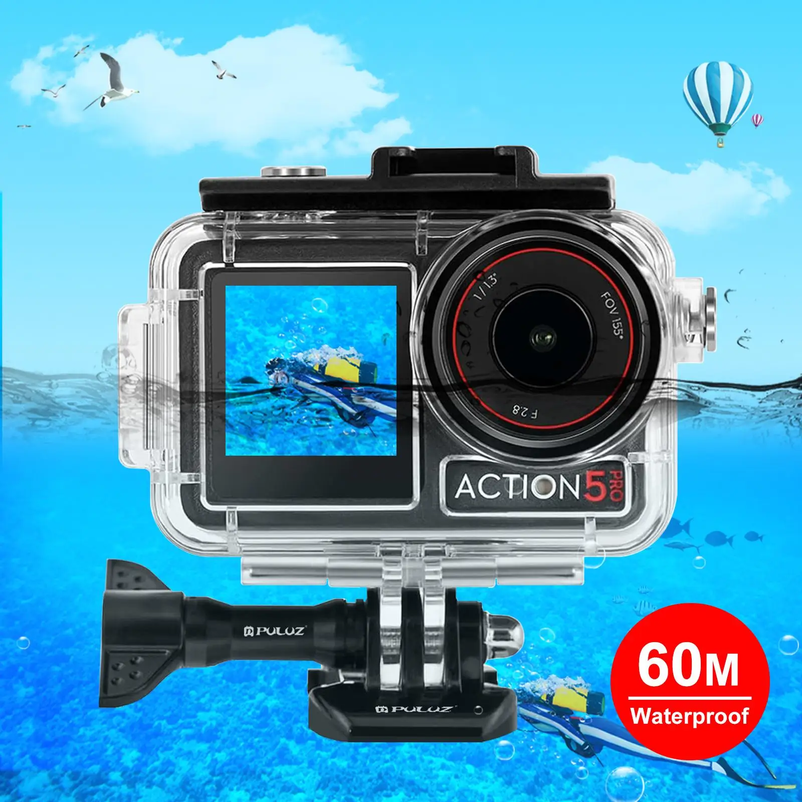 Puluz 60m caso de mergulho com fivela de sapata fria parafuso de montagem básica para dji osmo ação 5 pro 4 3 capa subaquática habitação à prova dwaterproof água