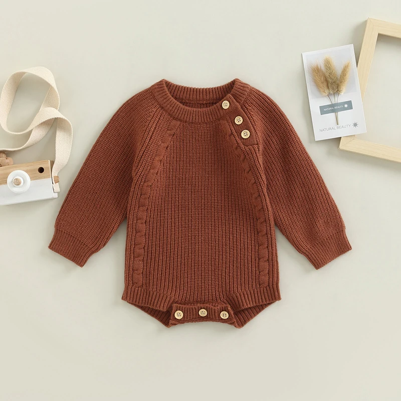 

Infant Baby Knit Sweater Romper Long Sleeve Round Neck Solid Bodysuit Playsuit Fall Winter Clothes Outfits