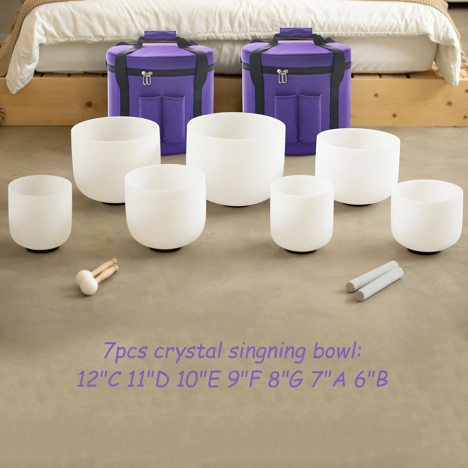 Hye-eun  7pcs 440hz/432hz Crystal Singing Bowl Chakra Set 6-12 Inch with Heavy Duty Carrying Case Medition Sound