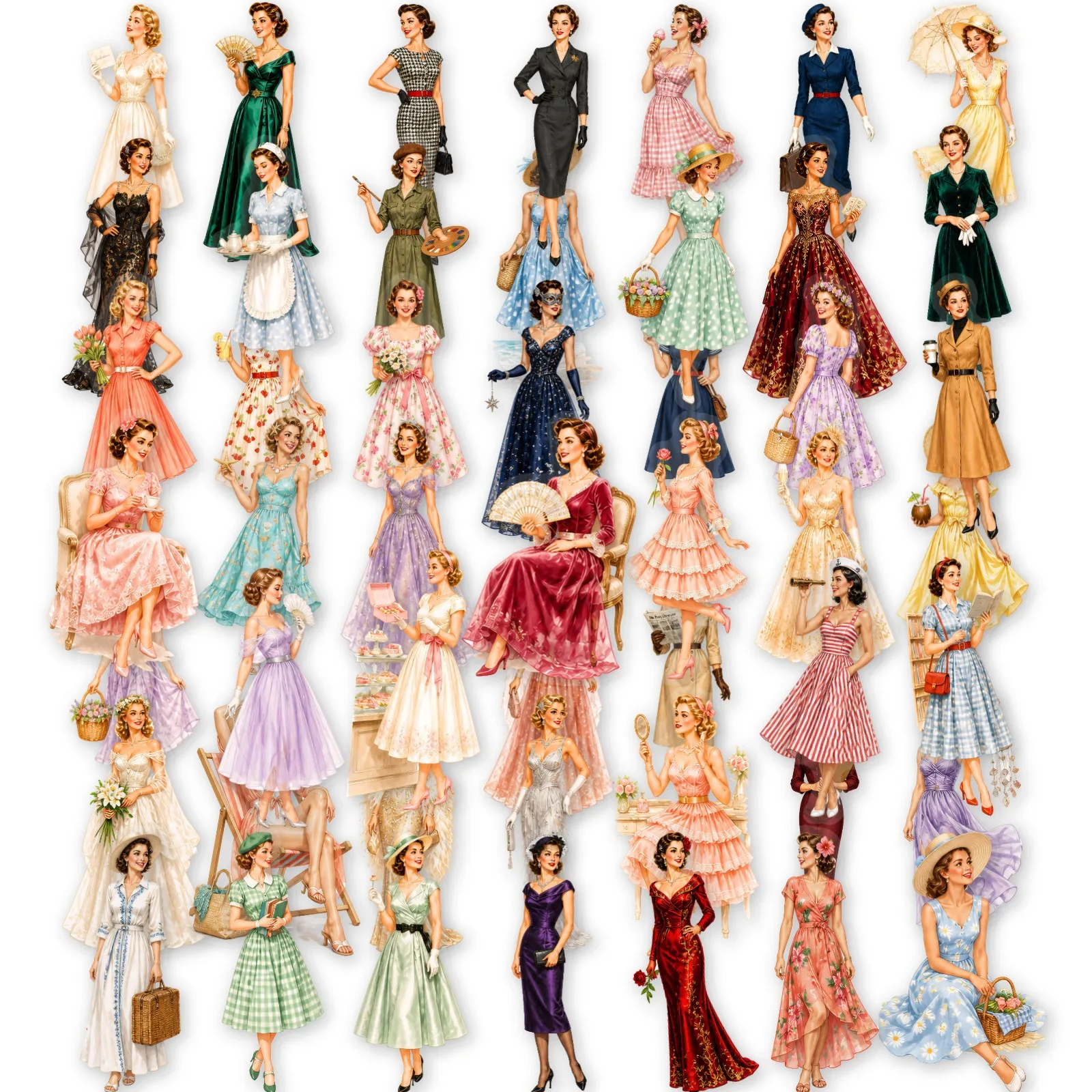 50 PCS Beautiful Retro Woman In Dress Exquisite Stickers Transparent Waterproof Decals Decorate Art Book Phone Case Decals