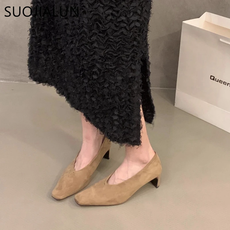 SUOJIALUN 2024 New Brand Women Pumps Shoes Fashion Shallow Slip On Ladies Elegant Boat Shoes Square High Heel Dress Pumps Shoes