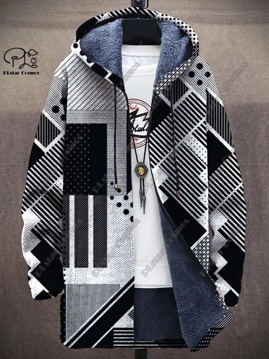 3D printed new winter hooded unisex retro geometric gradient art pattern plush thickened long-sleeved casual warm jacket DY-10