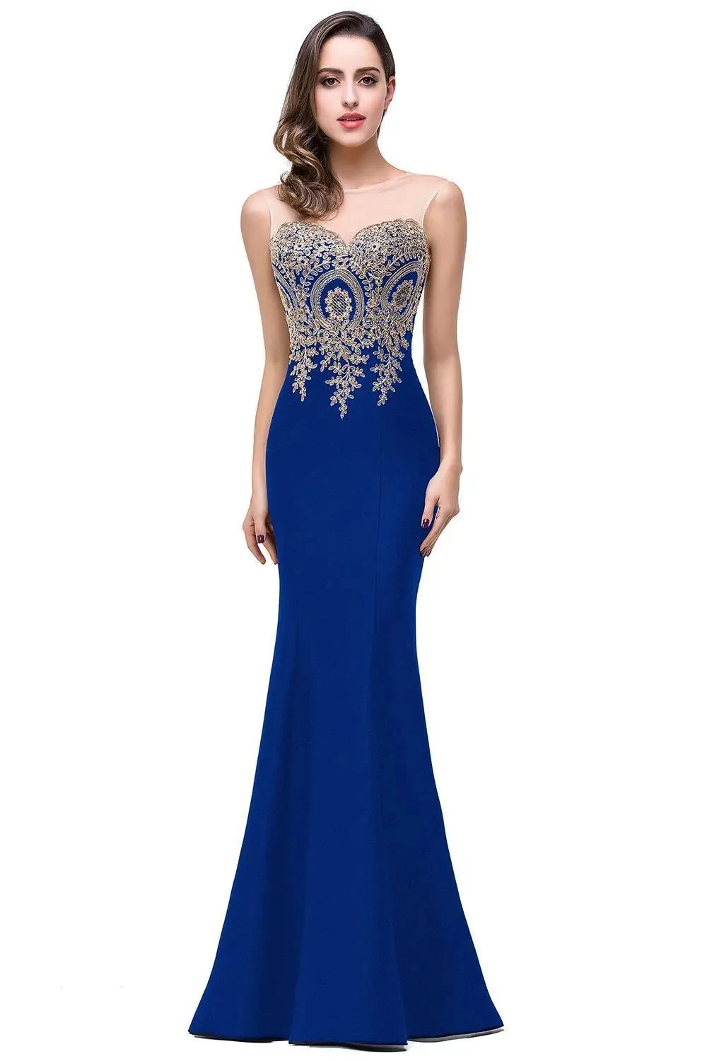 Royal Blue Sweetheart Illusion Elegant Mermaid Evening Dress Women Golden Appliques Lace Wedding Party Prom Gowns Robe de Soiree