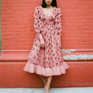 Chic, Princess Style Women's Summer Dress with Strawberry Strawberry and Sequins, with lace, puff sleeves, V V, Elastic Waist 10 Main Sales Strawberry Dress - №6
